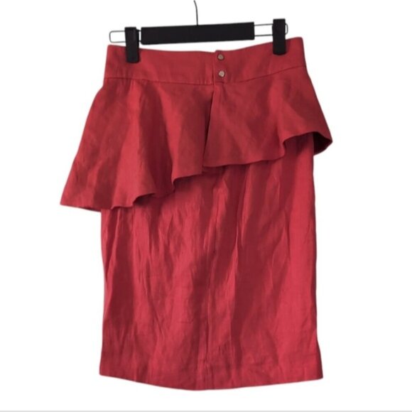 Zara Linen Beach Vacation Coastal Ruffle Frill Pencil Red Orange Skirt XS - Picture 4 of 9